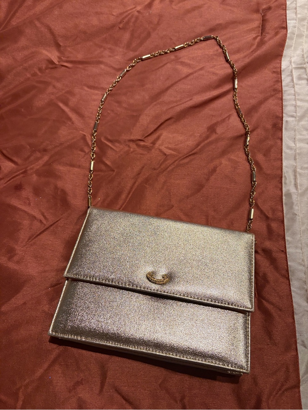 Shimmery Gold Metallic Envelope Clutch Bag with Gold Chain Strap
